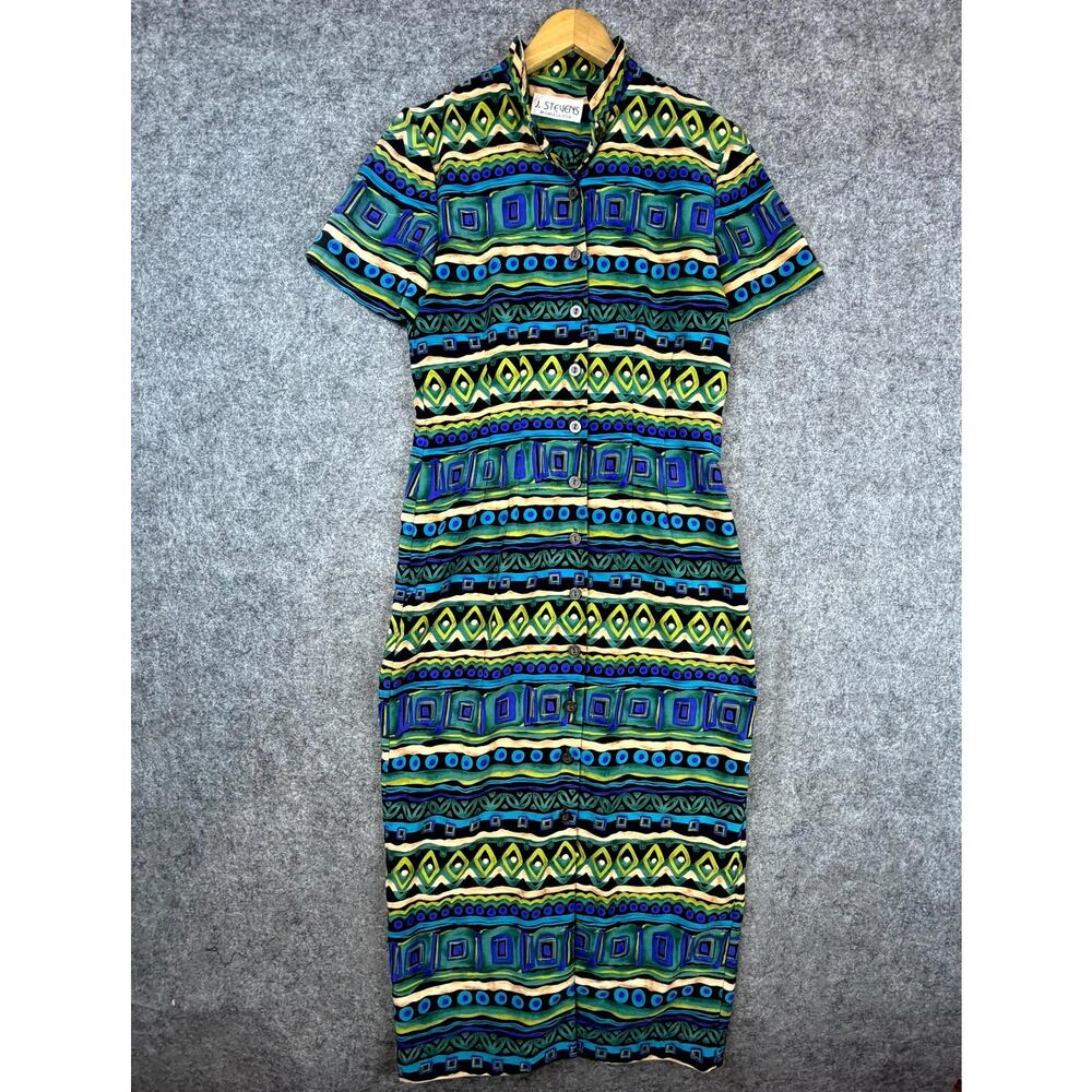 Vintage J Stevens Carol Escritor Dress Womens Medium Blue Green Abstract‎ Artsy